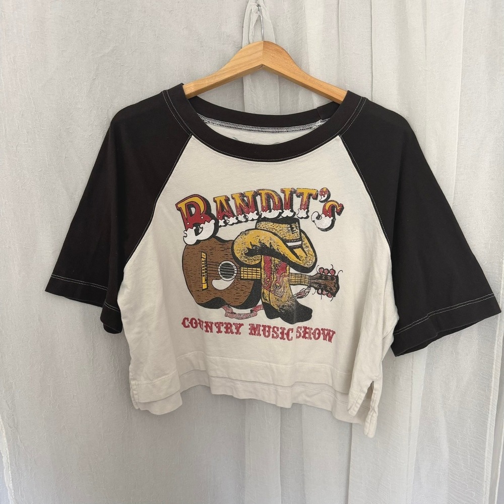 Bandit Brand Western Tee Women Medium Black Cream Crop Oversized Nashville Tee